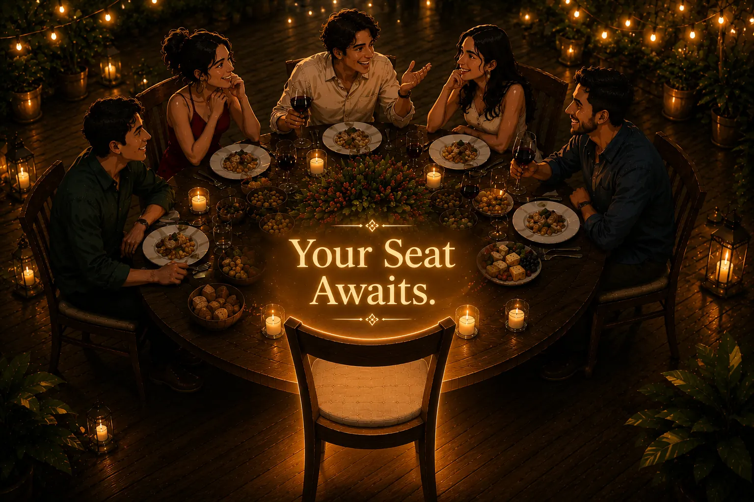 Six strangers laughing together at a candlelit Pilaan dinner table